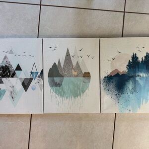 Triptych Mountain & Water Canvas Wall Art - Teal Blue Gray